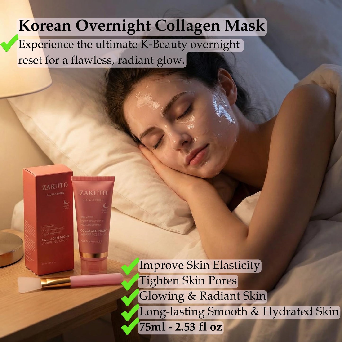 ZAKUTO Collagen Face Mask 2 Pack – Korean Formula – Peel Off Overnight Face Mask for Glass Skin, Hydrating & Firming Collagen Mask with Brush, Korean Skincare for Elasticity & Glow (2.53 fl oz)