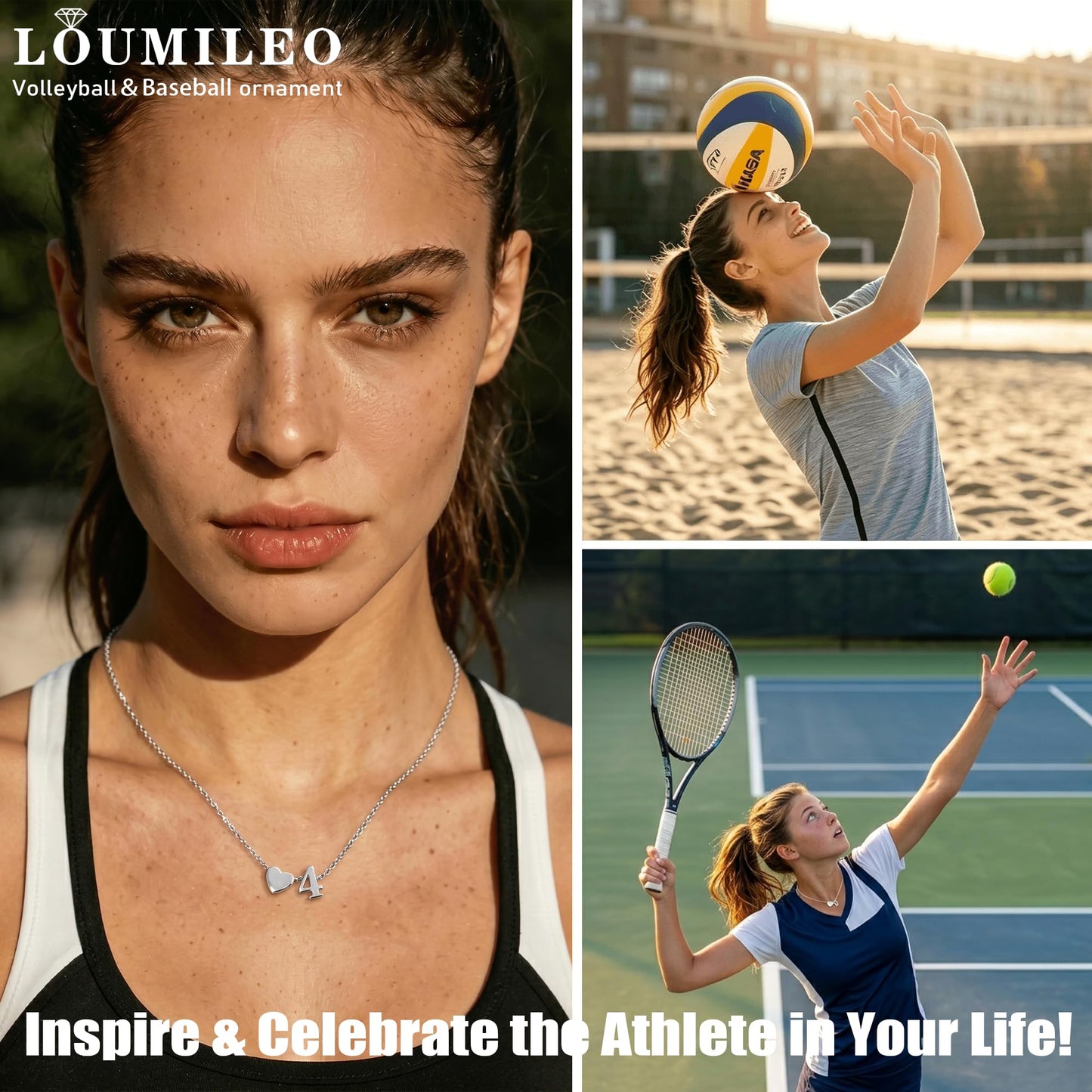 LOUMILEO Softball/Soccer/Volleyball/Basketball/Tennis Necklace for Women Sterling Silver Number Necklaces for Women Dainty Silver Heart Pendant Necklace Personalized Sports Accessories Jewelry Gift