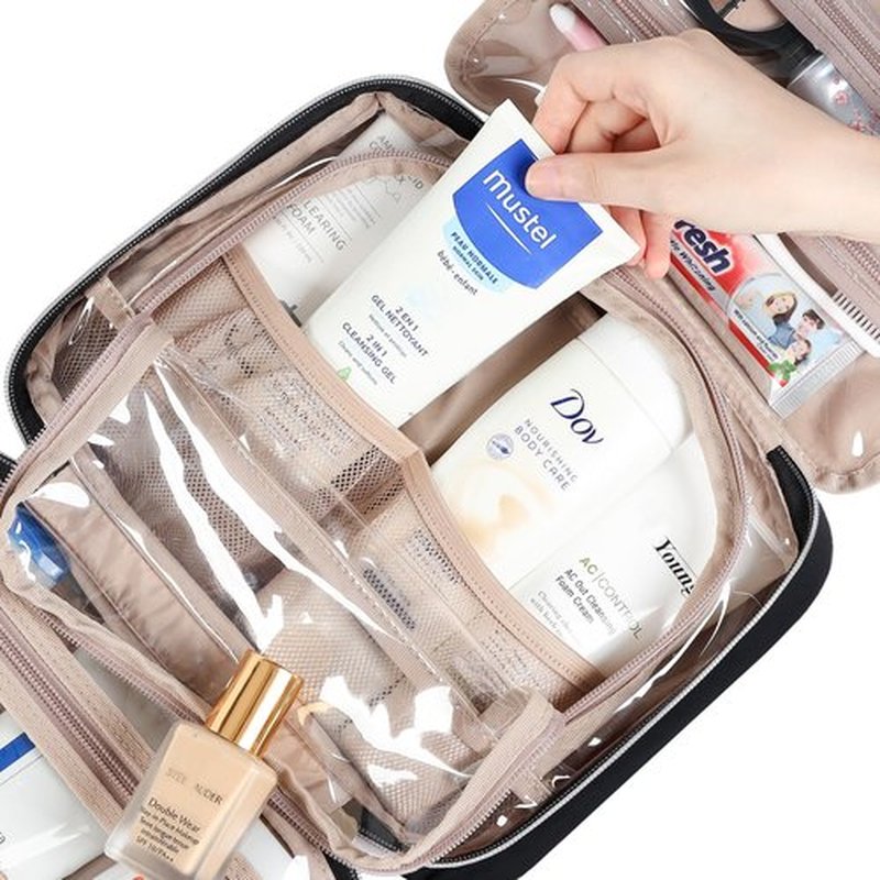 NISHEL Travel Toiletry Bag for women, Portable Hanging Organizer for Travel-Sized Shampoo, Conditioner, Brushes Set, makeup Accessories, Medium Size, Black
