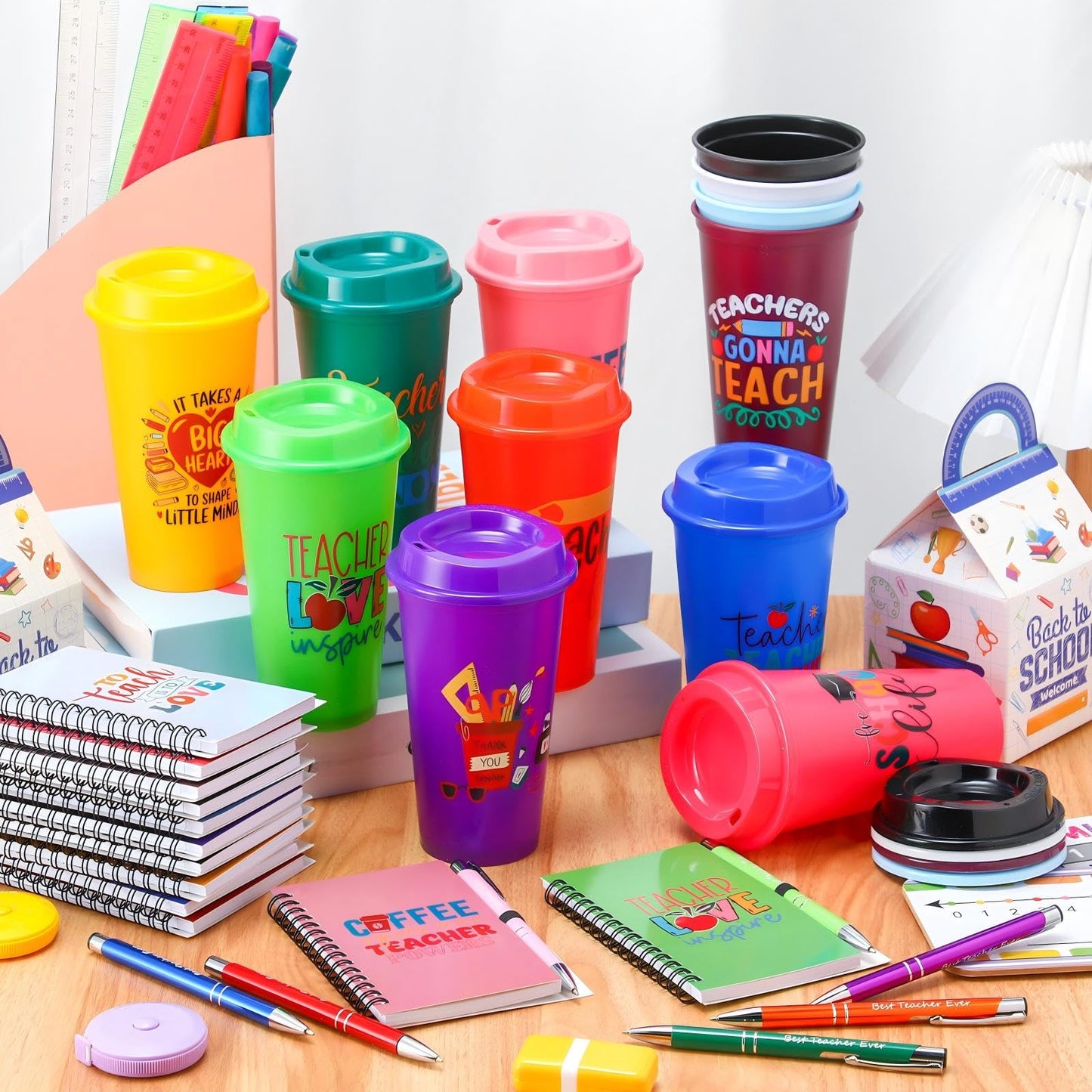 Skylety 36 Pcs Teacher Appreciation Gift Bulk, End of Year Thank You Gifts, 16 oz Reusable Plastic Coffee Cup with Lid, Inspirational Notebooks and Ballpoint Pens for Graduation Office(Teacher Life)