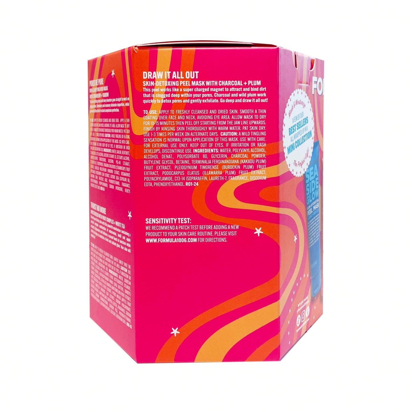 FORMULA 10.0.6 Skincare Face Mask Gift Set, Pink and Purple, 5-Piece Trial Size Collection with Charcoal Peel, Sea Clay, Papaya Masks, 1 fl oz Each