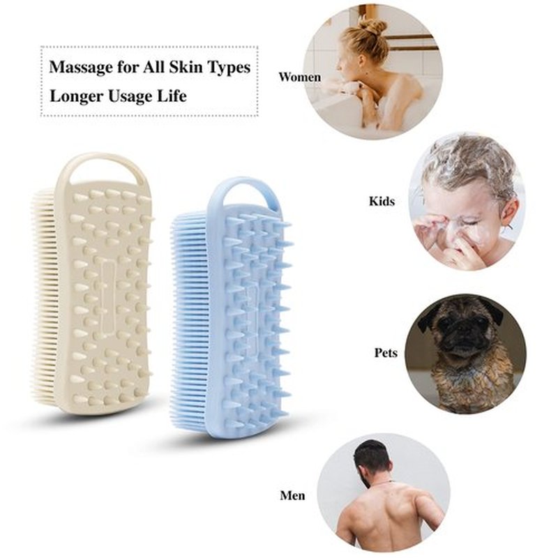2 PC Silicone Exfoliating Body Scrubber, 2 in 1 Silicone Body Shampoo Brush, Soft Silicone Loofah for Sensitive Skin, Shower Silicone Hair Scalp Massager, Easy to Clean, Lather Well (Grey&Blue)
