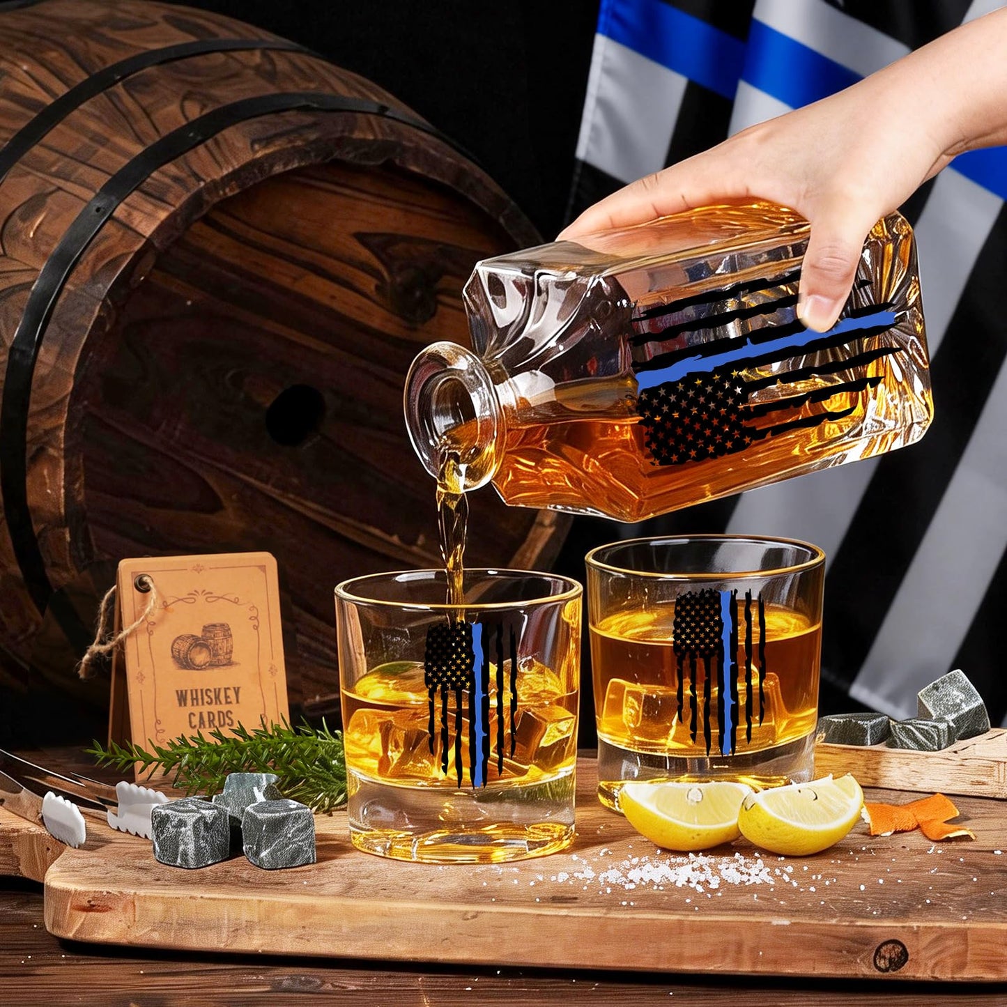PONPUR Police Officer Gifts for Men, Blue Line Tattered Flag Whiskey Decanter Set with Stones & Glasses, Cool Gifts for Policeman, Retirement & Law Enforcement, Police Academy Graduation Gift