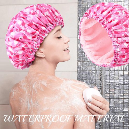 Shower Cap for Women Terry Lined Bath Cap Large Reusable Waterproof Elastic Band Pink Flamingo Shower Caps for Long Thick Hair Soft Bath Shower Hair Caps