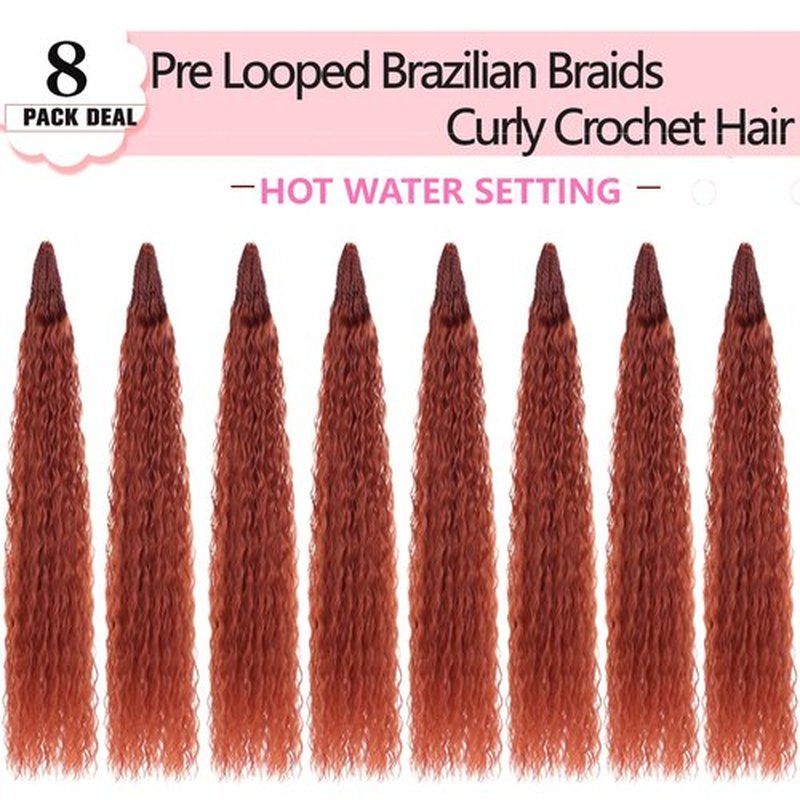 Xtrend Ginger Pre Looped Micro Brazilian Kinky Curly Crochet Hair 8 Packs 24 Inch Micro Curly Braiding Hair Extensions Synthetic Deep Wave For Mini Senegalese Twist Hair For Boho(30 Strands/Pack，350#)
