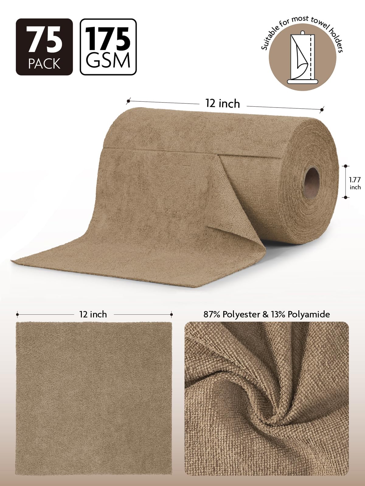 Fantasticlean Microfiber Cleaning Cloth Roll- 75 Sheets, 12" x 12" (TAN)