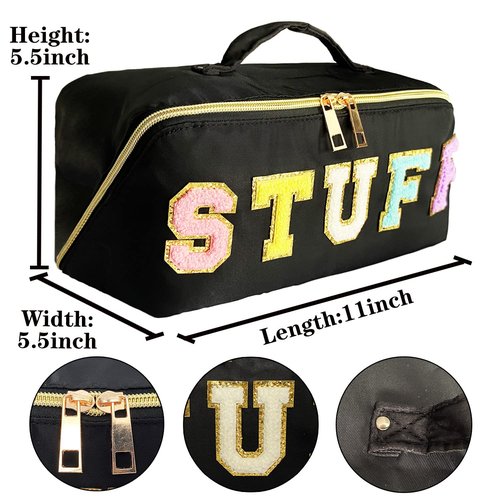 Stoney Clover Dupes Preppy Makeup Bag Black Stoney Clover Stuff Bag for Travel Chenille Letter Bag Large Capacity Travel Cosmetic Bag Nylon Pouch Lay Flat Makeup Bag Open Flat Varsity Letter Bag