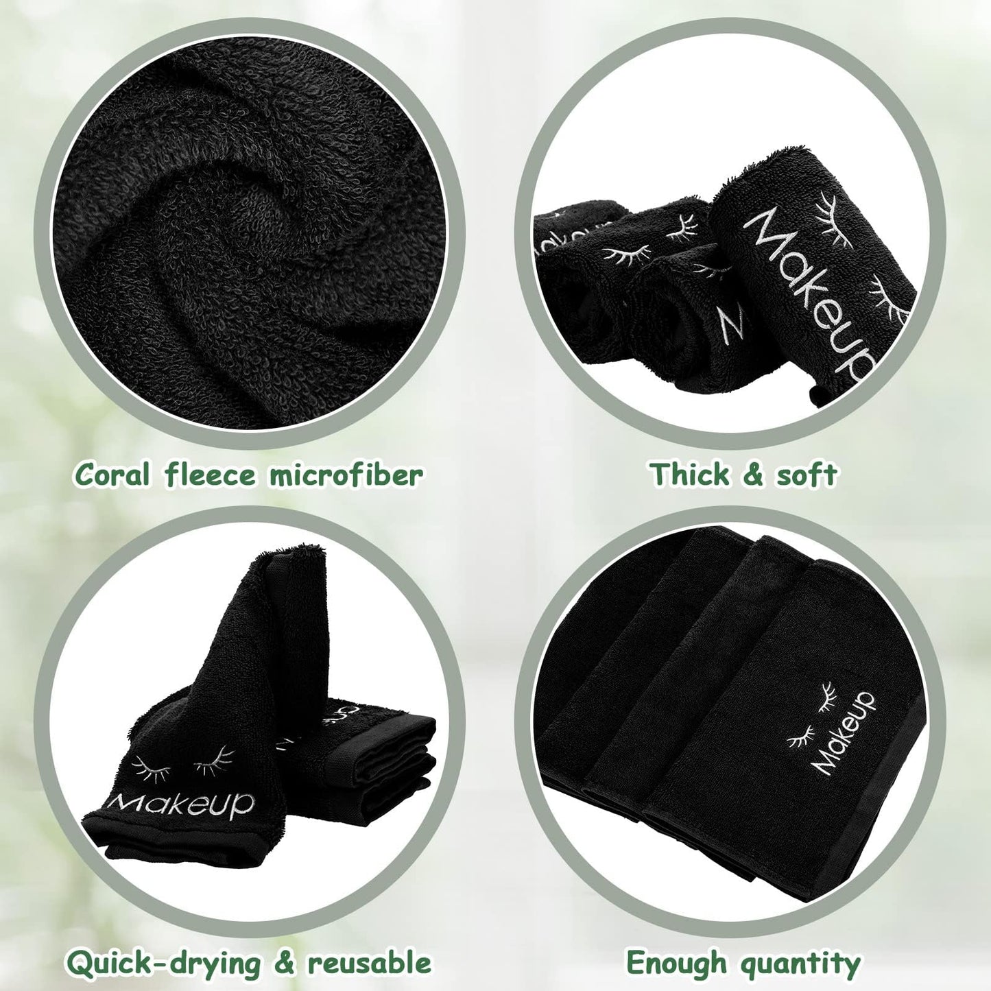 Vabean 50 Pcs Microfiber Black Makeup Washcloths for Face 13 x 13 Inches Makeup Remover Towels Reusable Absorbent Removers Face Wash Cloth with Embroidery for Women