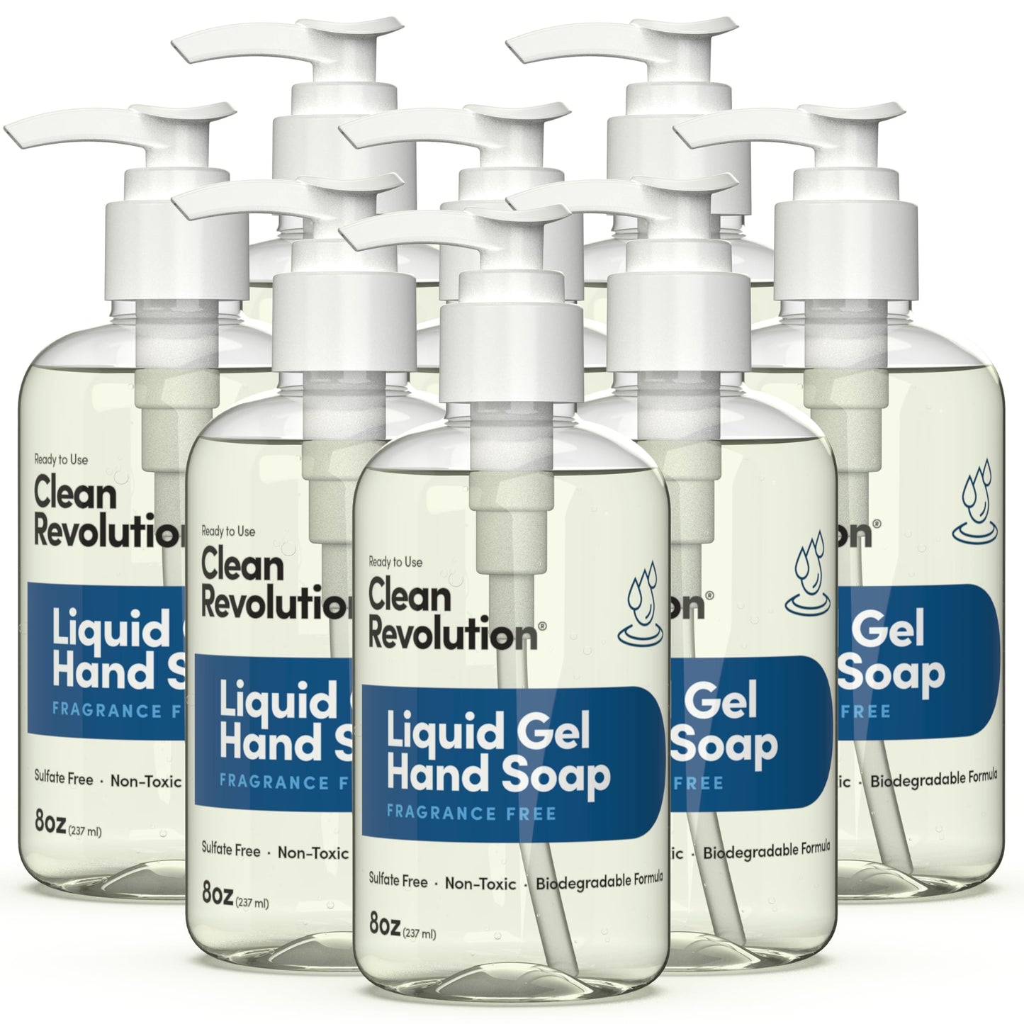 Clean Revolution Fragrance Free Liquid Gel Hand Soap – Sulfate-Free Unscented Gel Hand Wash for Sensitive Skin, Moisturizing & Non Toxic Formula, Made in the USA (8 Fl Oz, Pack of 8)