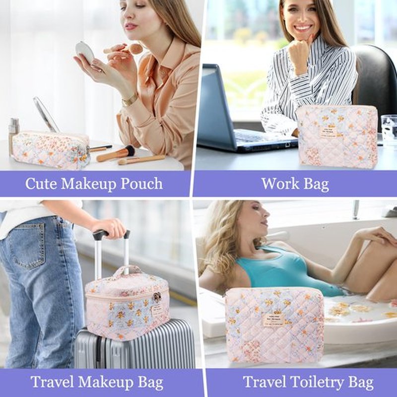 Makeup Bag Set, Quilted Makeup Bag, Large Floral Cosmetic Bag for Women, Cute Cotton Makeup Bags, Flower Travel Toiletry Organizer Bag (Folk Style)