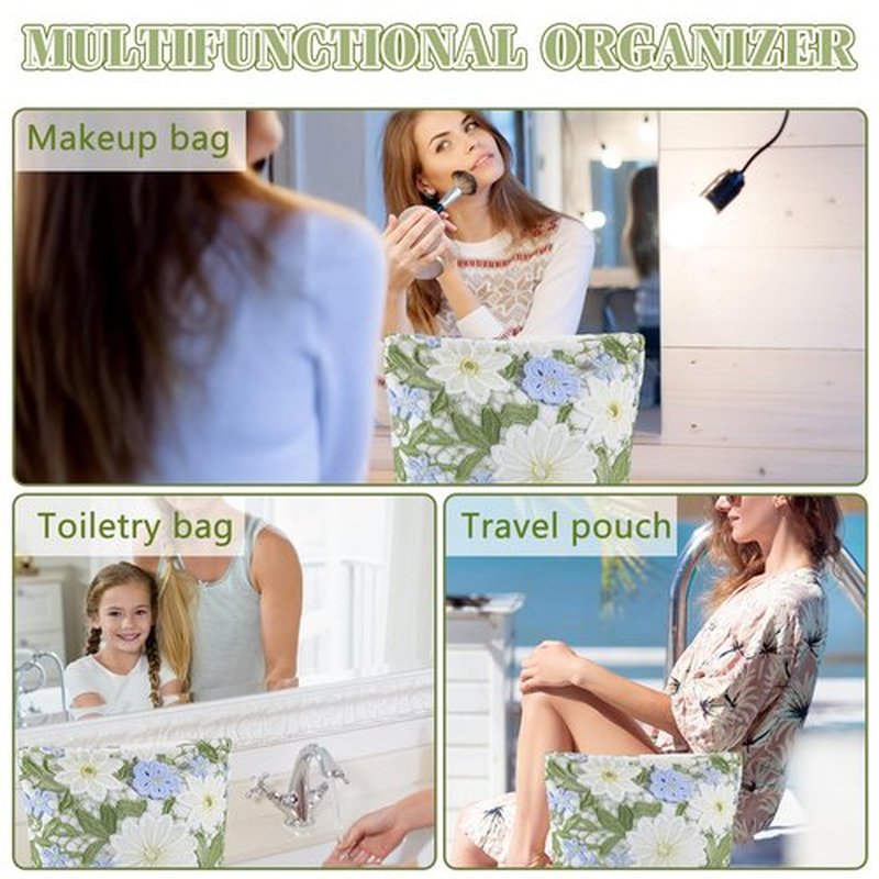 ZLFSRQ Lace Flower Makeup Bag Travel Cute Floral Cosmetic Bags for Women Large Makeup Pouch Zipper Cosmetic Pouch for Purse Aesthetic Makeup Organizer Bag Portable Toiletry Bag