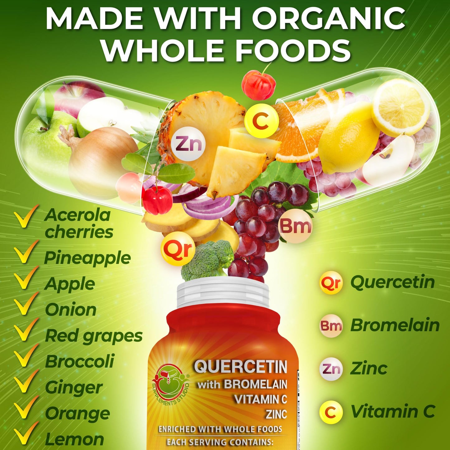 Quercetin with Bromelain – Quercetin Phospholipid Complex 500 mg High Absorption Supplement – Immune Support with Vitamin C, Zinc, Ginger & Citrus Bioflavonoids – with Organic Whole Foods – 180 Count