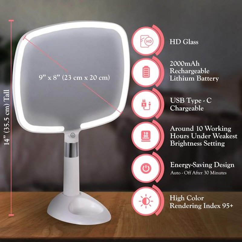 MIRRORVANA® Lighted Travel Hand Mirror with Comfy Handle and Detachable Stand - Portable, Thin and Lightweight Design - Rechargeable with 3 LED Light Settings - 9" x 13" (White)