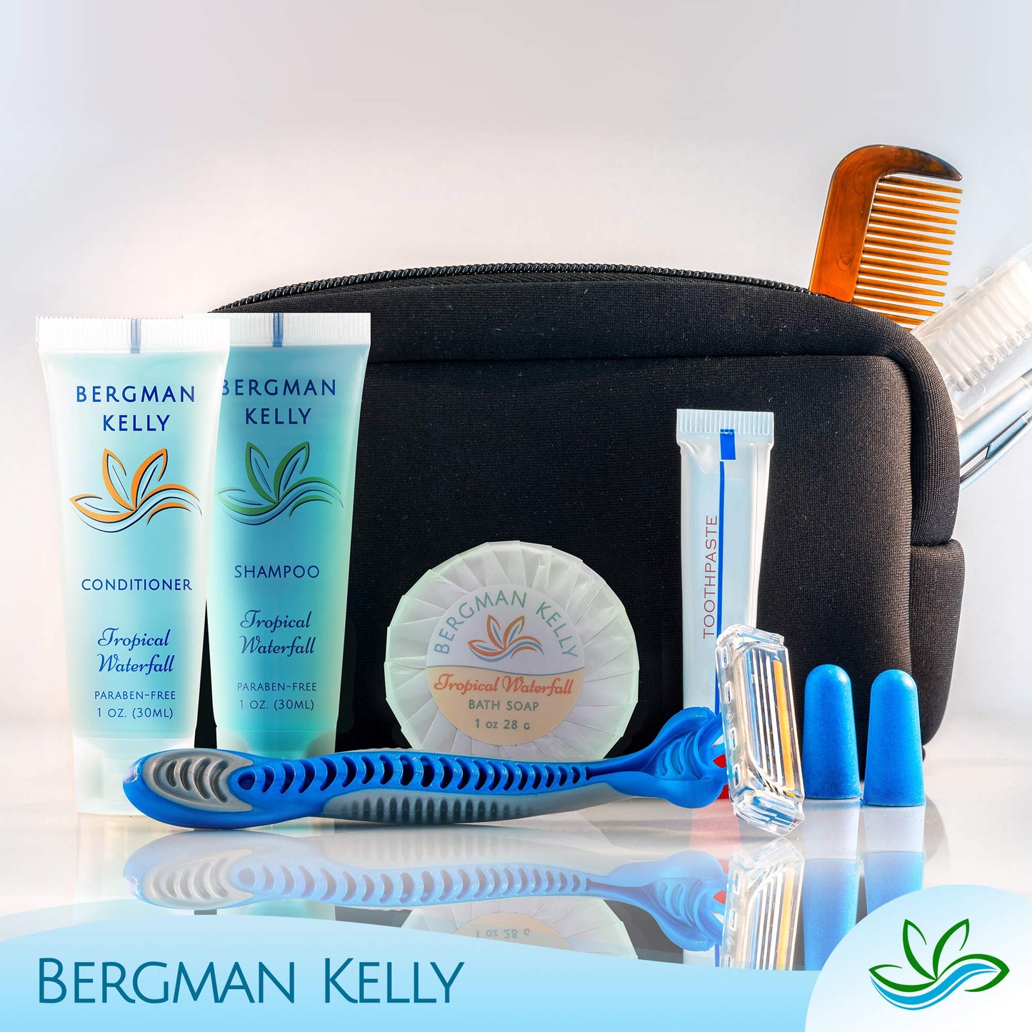 Bergman Kelly - Hotel Toiletries Bundle - Tropical Waterfall, 1 oz each, 100 Pieces - 4-Piece Set: 25 Round Bar Soap, 25 Shampoo, 25 Conditioner & 25 Body Lotion - Bulk Mini Guest Amenities Supply