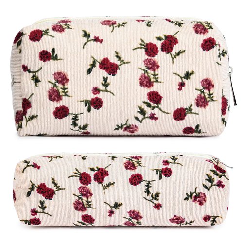 SOIDRAM Makeup Bag Floral Cosmetic Bag Cute Makeup Pouch 1Pcs Large Capacity Makeup Bags and 1Pcs Makeup Brushes Storage Bag Travel Toiletry Bag Organizer
