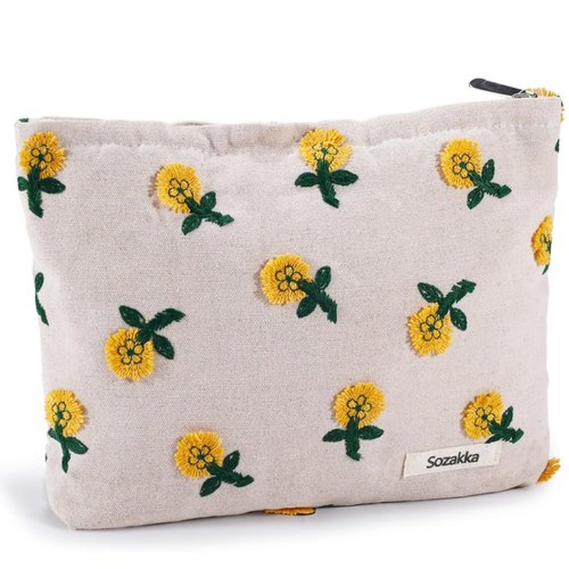 ZLFSRQ Daisy Flower Makeup Bag Travel Cute Floral Cosmetic Bags for Women Large Floral Embroidery Makeup Pouch Zipper Cosmetic Pouch for Purse Aesthetic Makeup Organizer Bag Portable Toiletry Bag