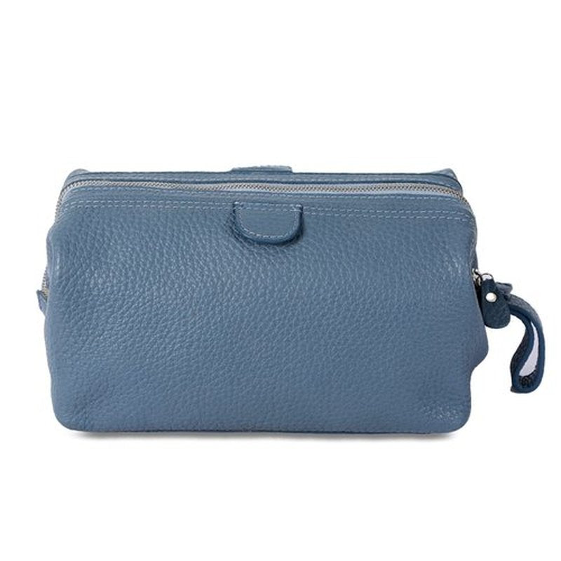 KomalC Large Premium Leather toiletry bag for Men and Women, travel utility Dopp kit wash bag (Blue)