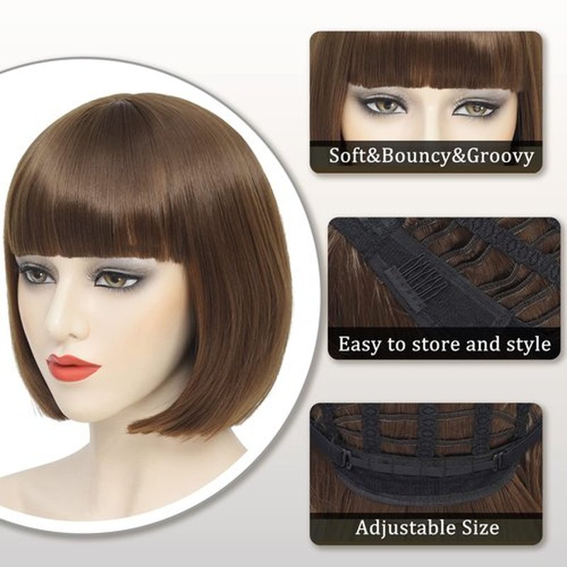 YBYMCAI Brown Bob Wig With Bangs Short Light Brown Bob Wigs For Women Straight Bob Bangs Wig 10 Inch Heat Resistant Synthetic Hair Natural Looking For Daily Party Use