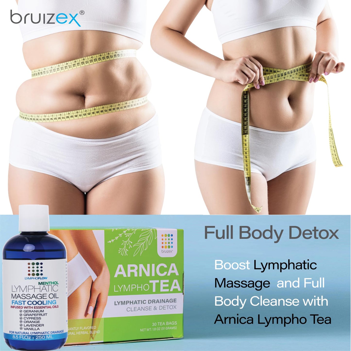 Bruizex Lymphatic Drainage Massage Oil with Arnica & Menthol for After Procedure Body Care & Lymphatic Drainage Massager, Liposuction, 360 Lipo, BBL, Tummy Tuck Body Massage, Cooling Formula - 8.5 Oz