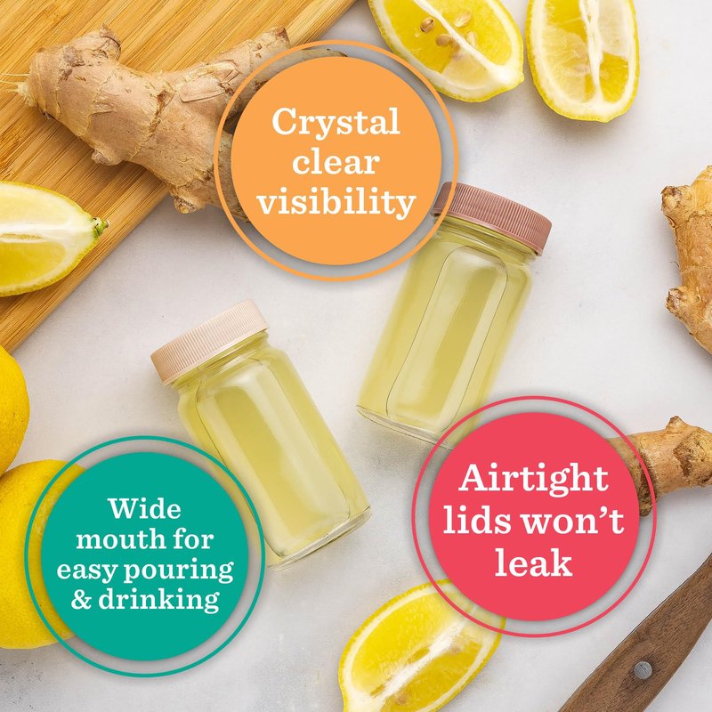 Glass Juice Shot Bottles with Caps, Clear, 2oz, Colored Lids & Silicone Grip Bands, Beverage Storage, Juicing, Turmeric & Ginger Shot Bottles