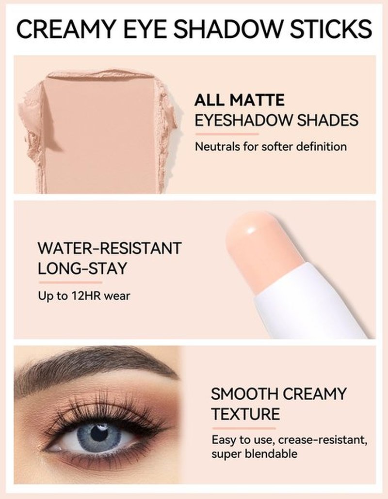Erinde Waterproof Cream Eyeshadow Stick, Matte Nude Eye Shadow Sticks, Longwear Blendable High Pigmented, Neutral Eye Shadow Sticks Matte for Older Eyes, Smokey Eyeshadow Pencil Crayon, Nude beige