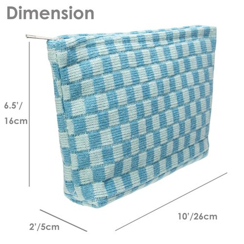 PAZIMIIK Knitted Checkered Makeup Bag Large Zipper Make Up Accessory Pouch for Purse Cosmetic Brush Bag for Travel Essential Lake Blue