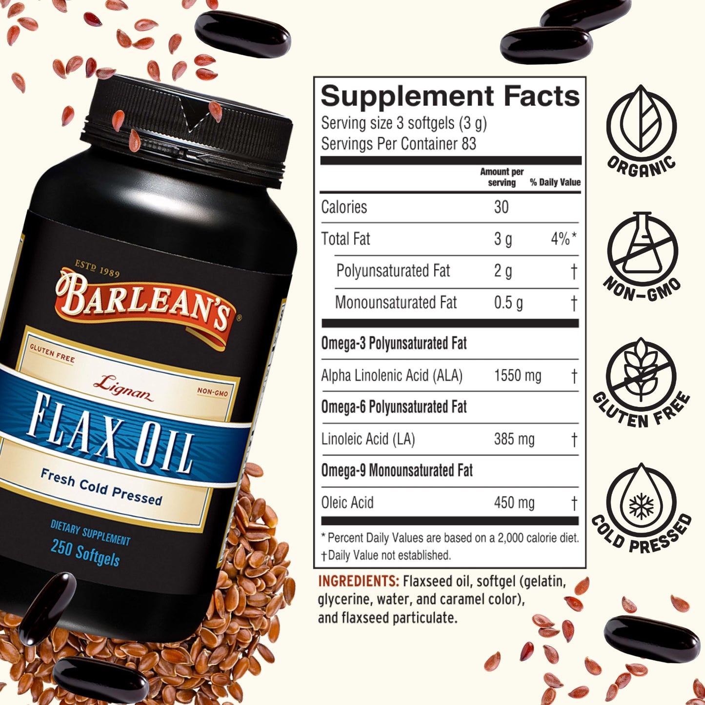 Barlean's Lignan Flaxseed Oil Softgels, Cold-Pressed Flax Seed Supplement with 1,550 mg ALA Omega-3 Fatty Acids for Joint & Heart Health, 1000mg, 250 ct