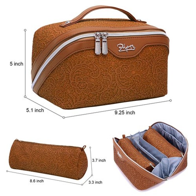 Travel Makeup Bags Cosmetic Organizer Bag: 3-Set Large Capacity Make up Bag - PU Leather Toiletry Bag for Women - Wide Open Portable Pouch with Divider & Handle (02-Z-Brown)