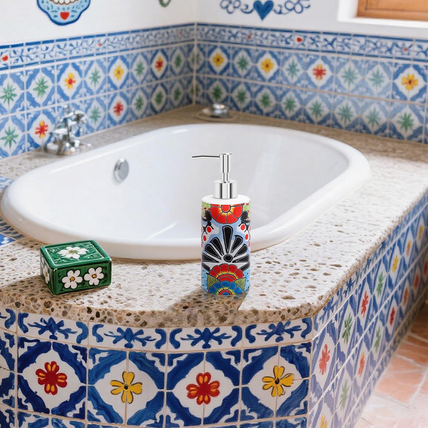 FYSUIMU Mexican Talavera Soap Dispenser Ceramic Dispenser with Pump Vintage Floral Refillable Liquid Soap Container for Mexican Fiesta Cinco De Mayo Home Kitchen Bathroom