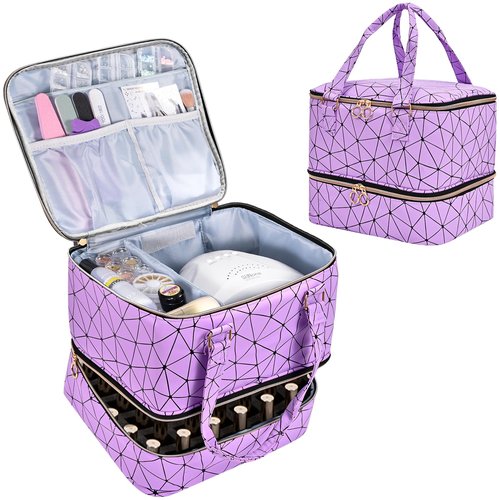 Uross Nail Polish Organizer Bag Holds 42 Bottles Nail Polish & Nail Lamp, Gel Nail Polish Organizers and Storage box for Nail Tech, Nail Kit Supplies Organizer Case - Purple