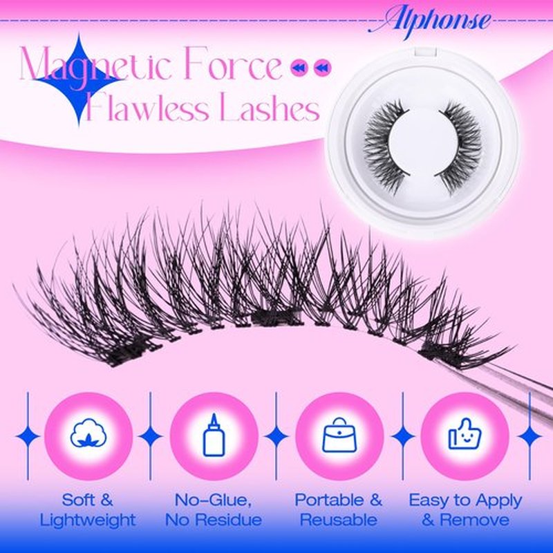 Reusable Magnetic Eyelashes without Eyeliner Cat Eye Magnetic Lashes with Clamp Natural Glueless False Eyelashes with Applicator ALPHONSE pestañas postizas magneticas
