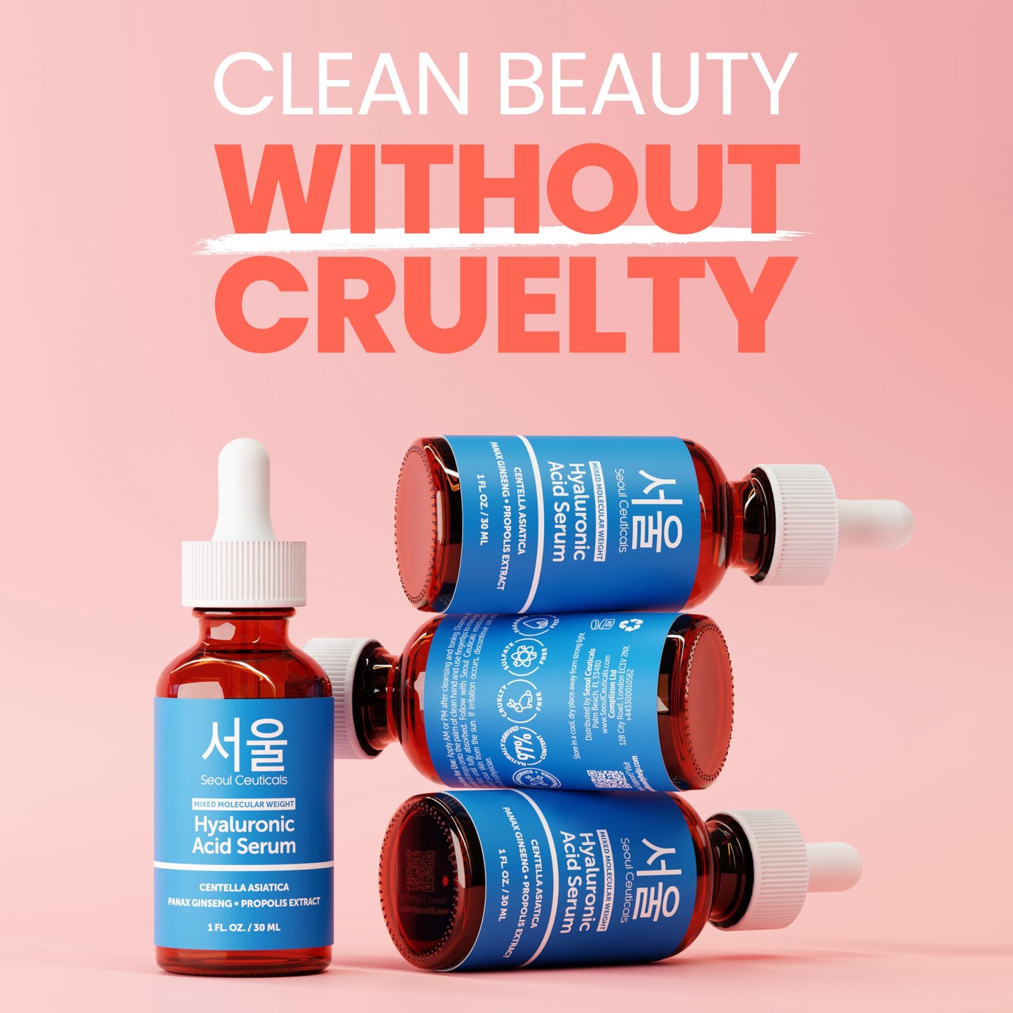 SeoulCeuticals Korean Hyaluronic Acid Serum For Face - High Molecular Weight & Low Molecular Weight Hyaluronic Acid - Centella Serum + Propolis. 1oz