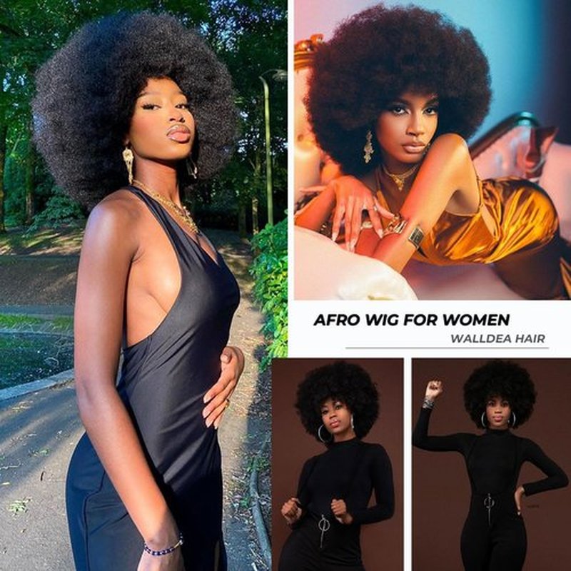 Wallden Hair 70s Afro Wigs for Black Women Glueless Wear and Go Wig Curly Afro Puff Heat Resistant Synthetic Wigs for Daily and Party Halloween Costume Use (1B)