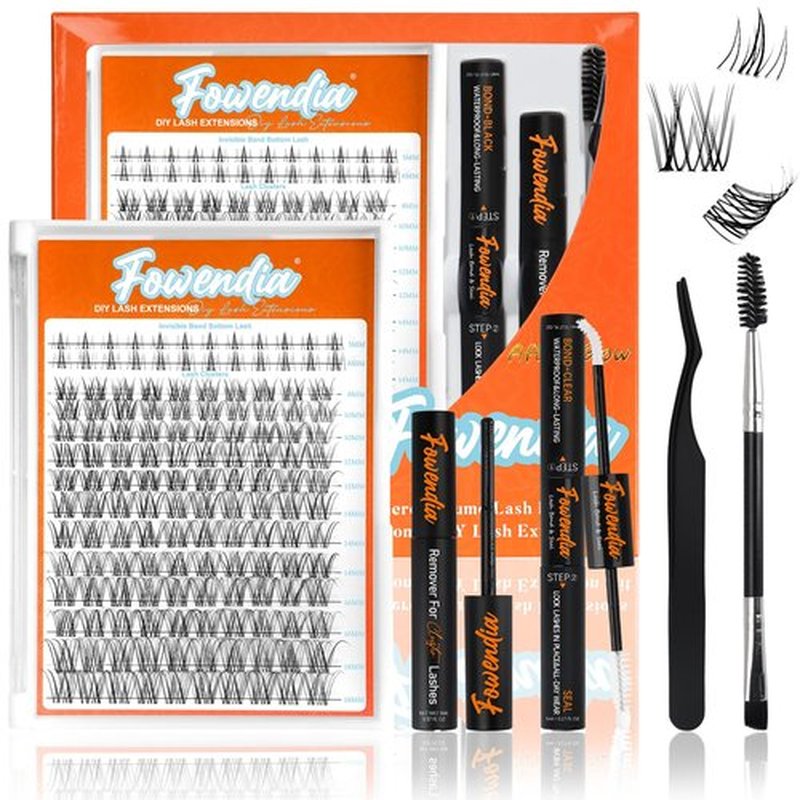 Fowendia Individual Cluster Lashes D Curl DIY Lashes Extension Kit Classic Lashes Lash Clusters 8-18mm with Bond, Seal, and Remover - Ultra-Invisible Band Lashes, No-Glue Lower Lashes, First Met-Kit