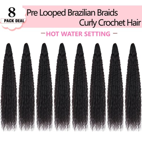 Xtrend Pre Looped Micro Brazilian Kinky Curly Crochet Hair 24 Inch 8 Packs Black Micro Curly Braiding Hair Extensions Synthetic Deep Wave For Mini Senegalese Twist Hair For Boho (30 Strands/Pack，1B#)