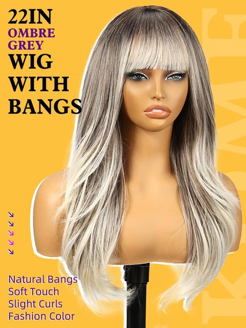 KOME Ombre Grey Wigs with Bangs,Long Layered Wig for Women,Long Wavy Wigs Synthetic Hair Wig for Party Daily Use 26IN
