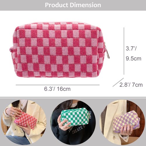 PAZIMIIK Checkered Makeup Bag for Purse Portable Zipper Make Up Pouch Small Cosmetic Case for Travel Accessories (6PCS Hotpink)