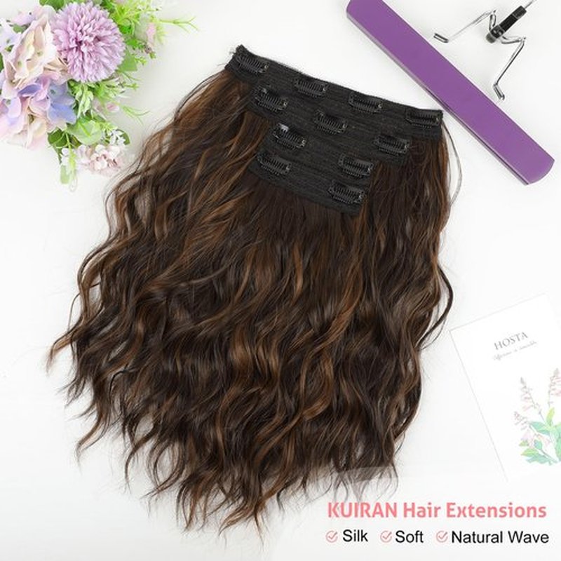 KUIRAN Hair Extensions, Clip in Hair Extensions 12" Short Wavy Hair Extensions 4PCS Hair Extensions Invisible Lace Weft Natural Soft Hairpieces for Women - Dark Brown with Light Auburn Highlights