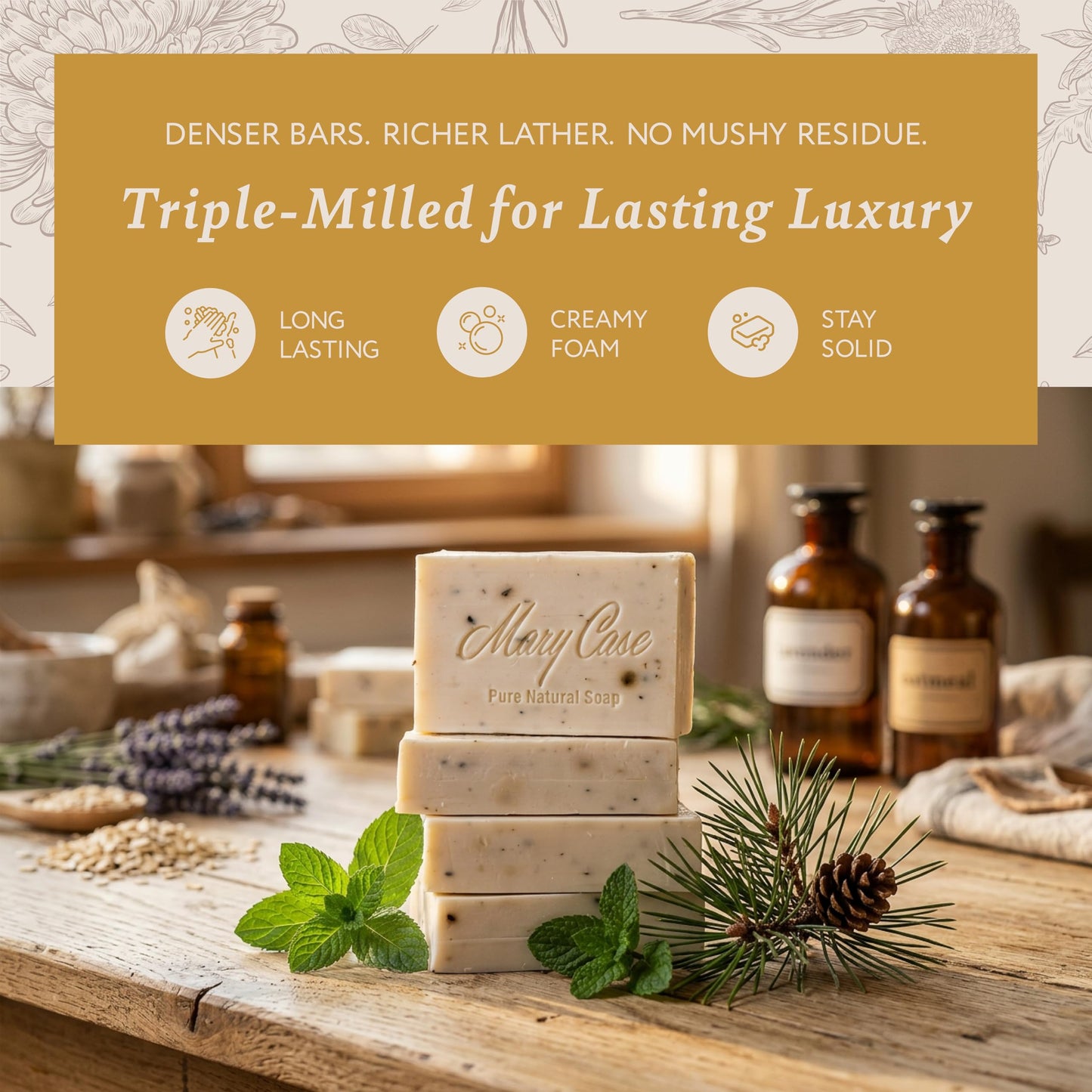 Mary Case Pine Tar Bar Soap Set of 4 | Natural Soap with Olive, Coconut & Pine Oils + Dried Mint | Vegan Bath Soap for Men & Women | Revitalizing & Soothing Skin Care