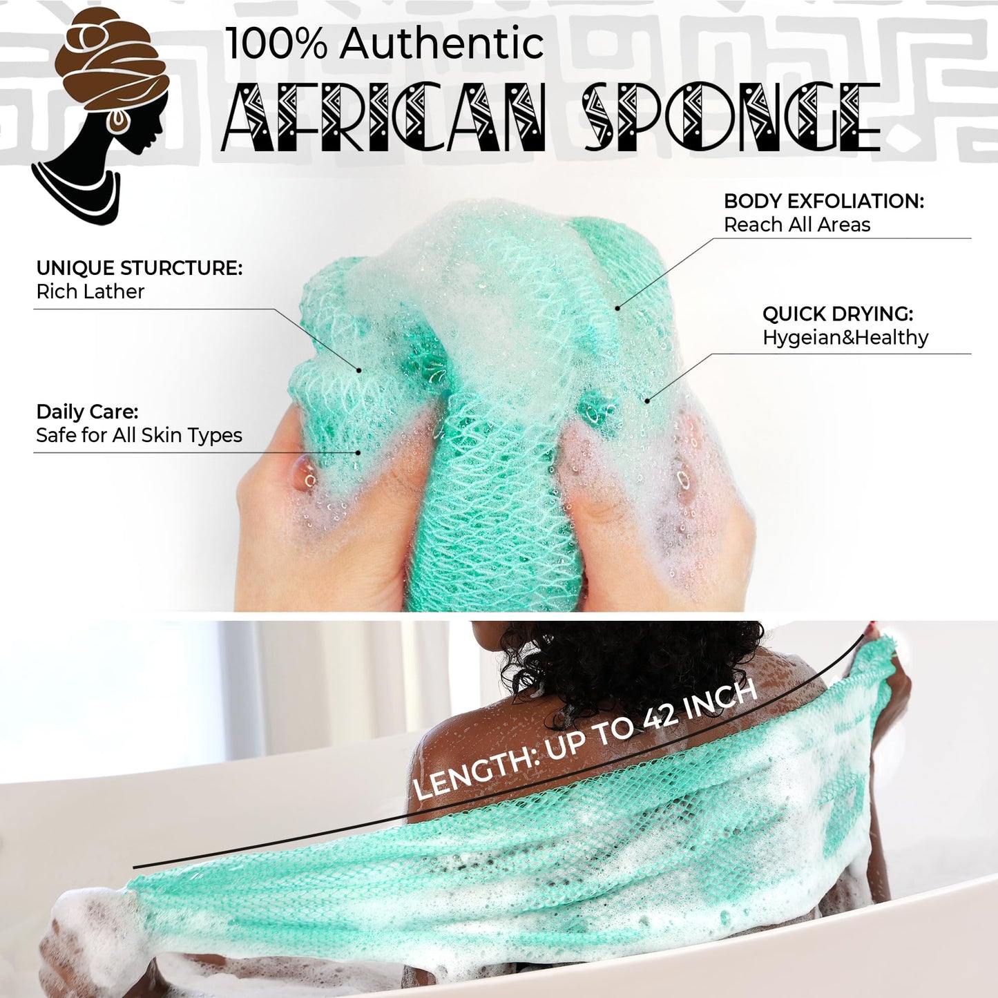African Exfoliating Net Sponge Black & Seawave - 2 Pack Real African Net Authentic - Body Wash Scrubber for Shower Bath - Africa Bath Sponges for Men Back Scrubber Shower Accessories