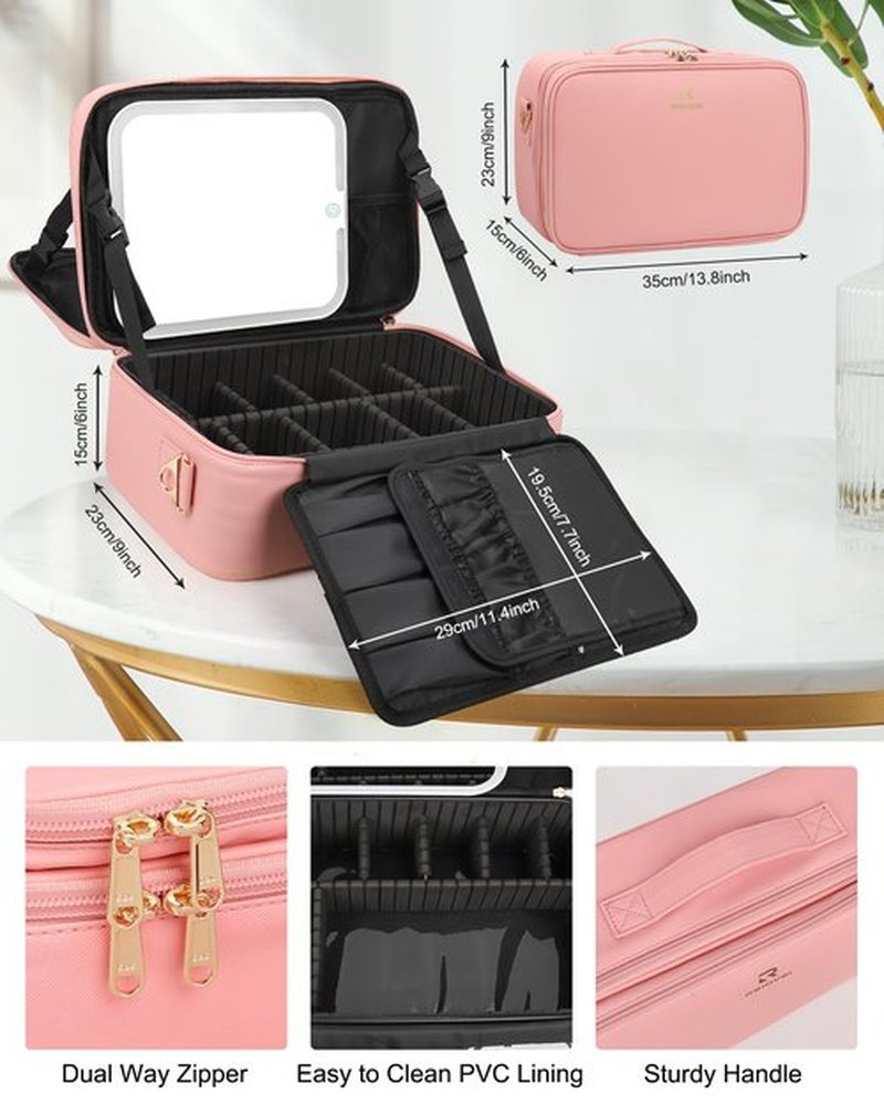 Relavel Makeup Bag with LED Mirror, Makeup Case with Lighted Mirror, Large Capacity Travel Cosmetic Train Case Organizer Box for Women, Dividers and Rechargeable Vanity Mirror (Pink)