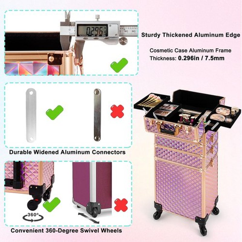AROUS Rolling Makeup Train Case Large Storage Cosmetic Trolley 4 in 1 Large Capacity Trolley Makeup Travel Case with Key Swivel Wheels Salon Barber Case Traveling Cart Trunk, Pink