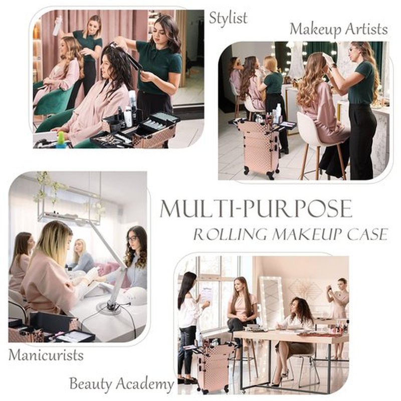 Adazzo 3 in 1 Professional Rolling Makeup Train Case Aluminum Trolley Case with 360° Rotation Wheels for Makuep Artist Cosmetic Suitcase Organizer with Lock and Key Diamond Pattern - Rose Gold