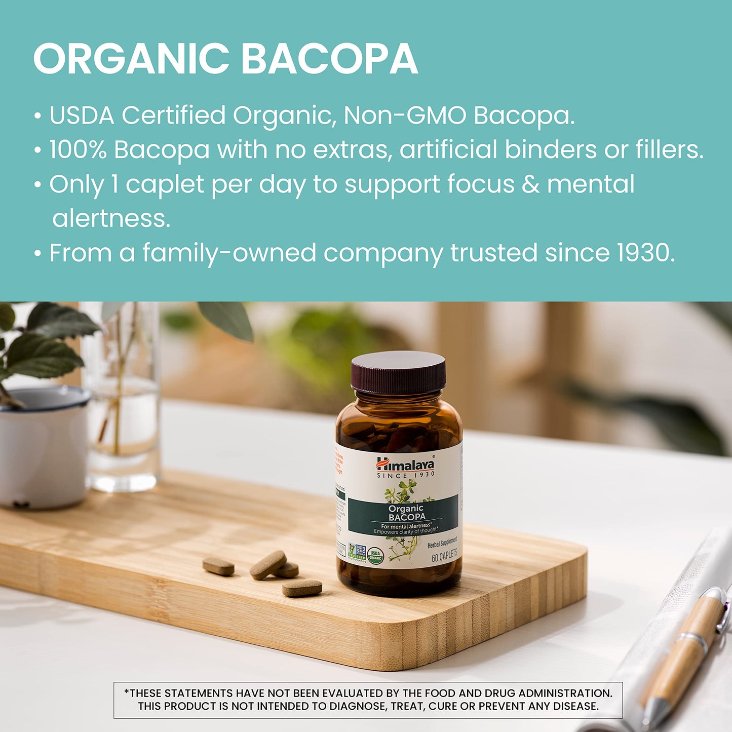 Himalaya USDA Organic Bacopa Monnieri Nootropic Herbal Supplement,Brahmi,Bacopa Supplements, Bacopa Extract,Mental Alertness, Supports Calm,Memory,Cognition,Non-GMO,750 mg, 60 Plant-Based Caplets