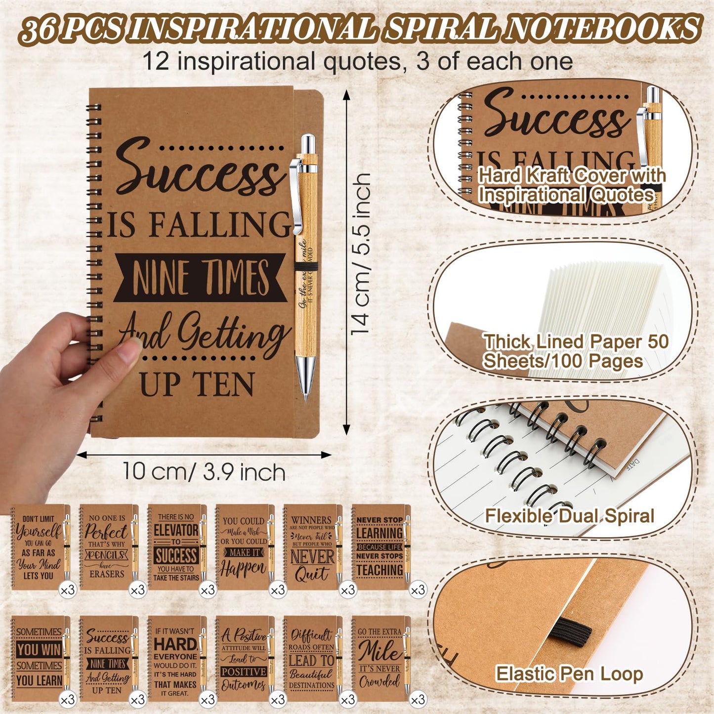 Geyoga 36 Sets End of Year Teacher Appreciation Gifts Bulk, Motivational Notebooks with Bamboo Pens, Inspirational Spiral Kraft Journal Set Thank You Gifts for Teacher Nurse Volunteer Team
