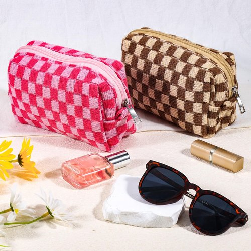 ZLFSRQ 2Pcs Checkered Makeup Bag for Women Large Capacity Cosmetic Bag Set Travel Makeup Pouch for Purse Zipper Toiletry Organizer Cute Y2K Aesthetic Trendy Makeup Brushes Storage Bag(Pink/Brown)