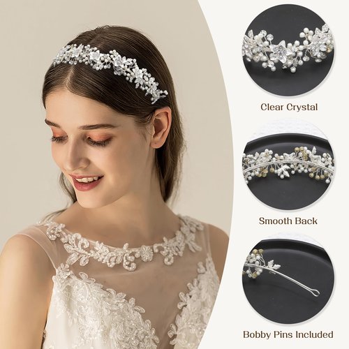 Oriamour Wedding Headbands Bridal Pearl and Crystal Floral Hair Accessories Bridal Headpieces For Bride Women Party Prom (Silver, 18'')