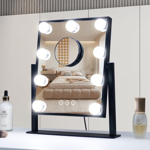 Vanity Mirror with Lights,Lighted Vanity Mirror with 9 Dimmable Bulbs for Dressing Room & Bedroom 3 Color Lighting Modes Detachable 10x Magnification 360°Ratation