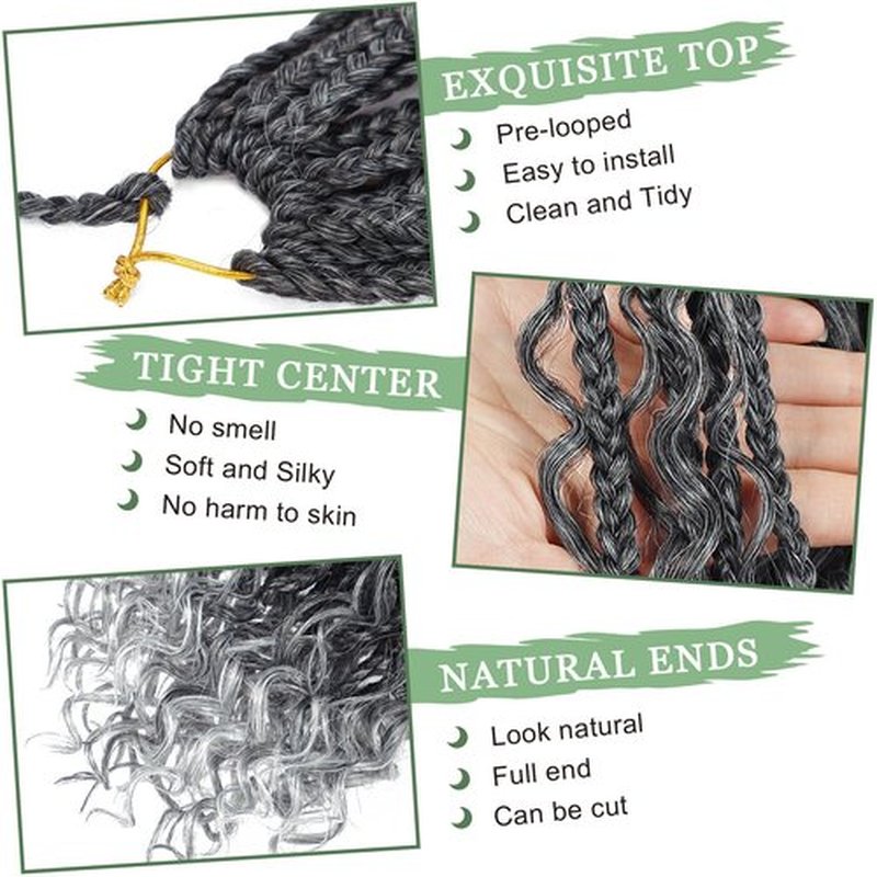 Goddess Box Braids Crochet Hair 10 Inch 8 Packs Pre-looped Bohemian Crochet Boho Box Braids With Curly Ends Grey 3X Crochet Braids Hair for Women Synthetic Braiding Hair (10inch,TGRAY)