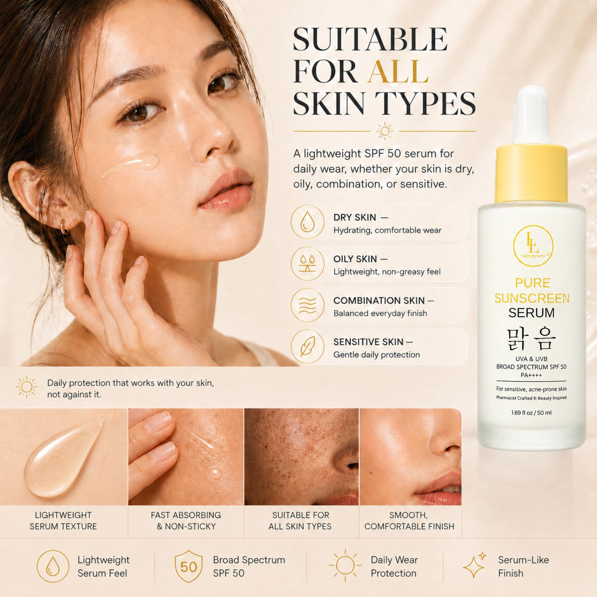 Pure Sunshine Serum SPF 50 | Pharmacist-Formulated Hydrating Face Sunscreen & Primer | Niacinamide Hyaluronic Acid + Vitamin B5 | Invisible Broad Spectrum UV Defense for Oily Sensitive Skin | 1.7 oz